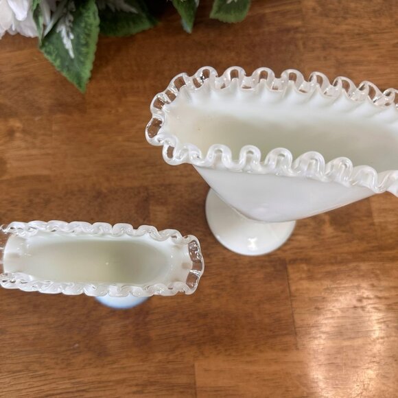 Fenton Silver Crest Fan Vases Pair Milk Glass Ruffled Edge Large and Small Vinta - Picture 4 of 6